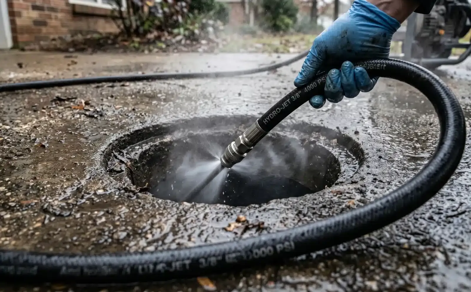 Hydro jetting high-pressure water jet clearing clogged drain in Torrance