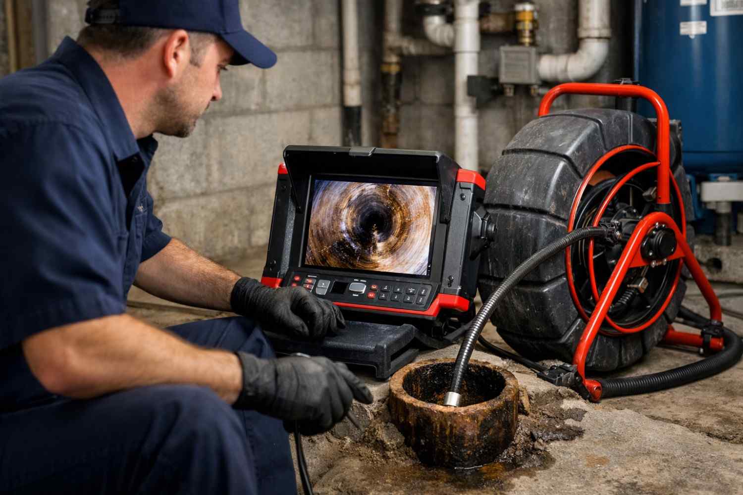 Sewer camera inspection technician diagnosing pipe issue in Torrance